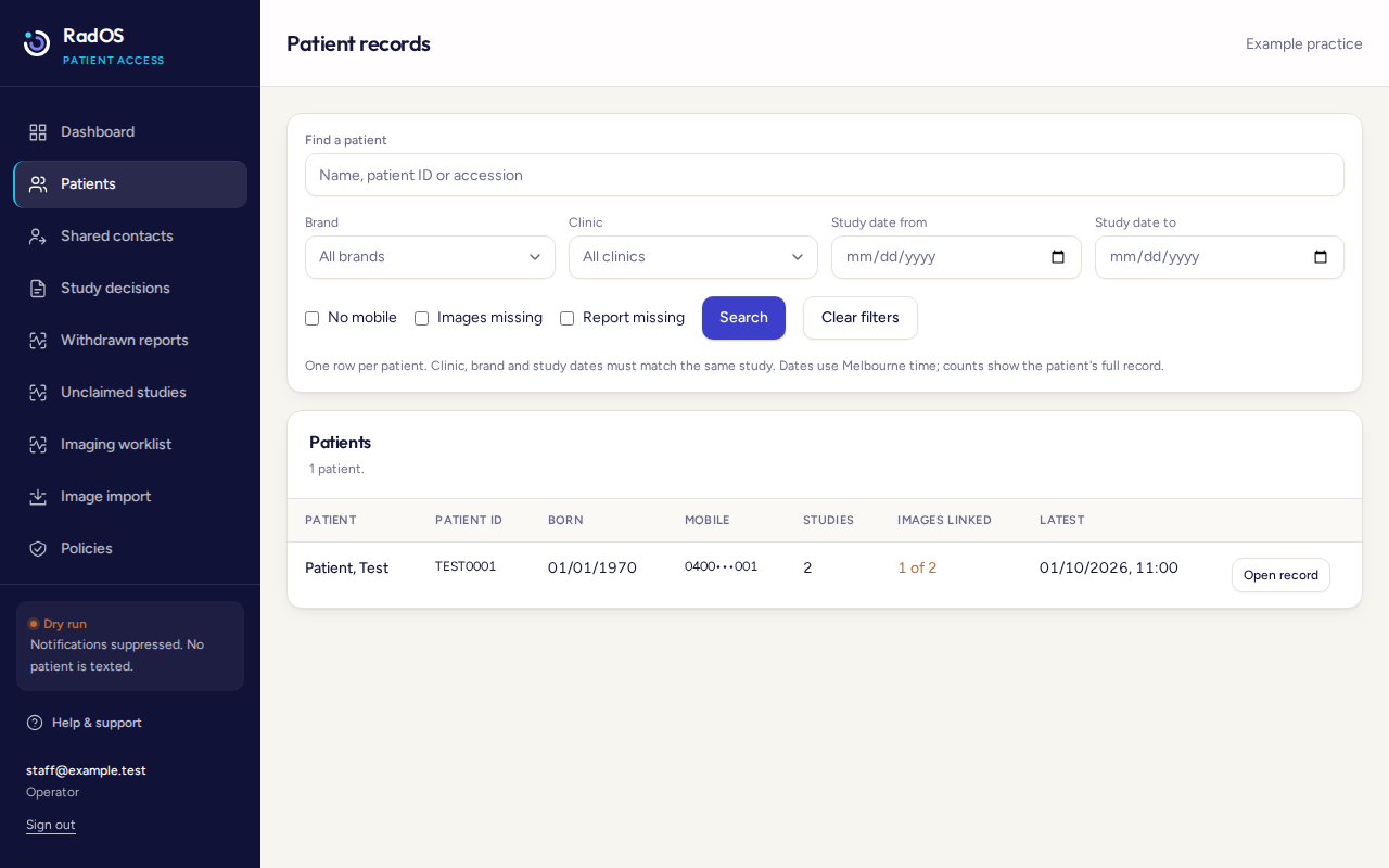 Patients screen with one fictional row, Test Patient, patient ID TEST0001, born 01/01/1970.