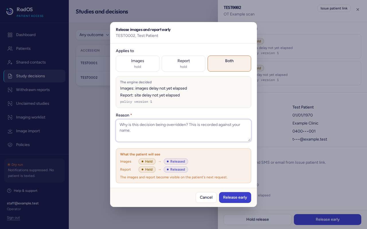 Release early dialog for TEST0002. Images and report are selected. The engine reason is a site delay. The reason box is empty.