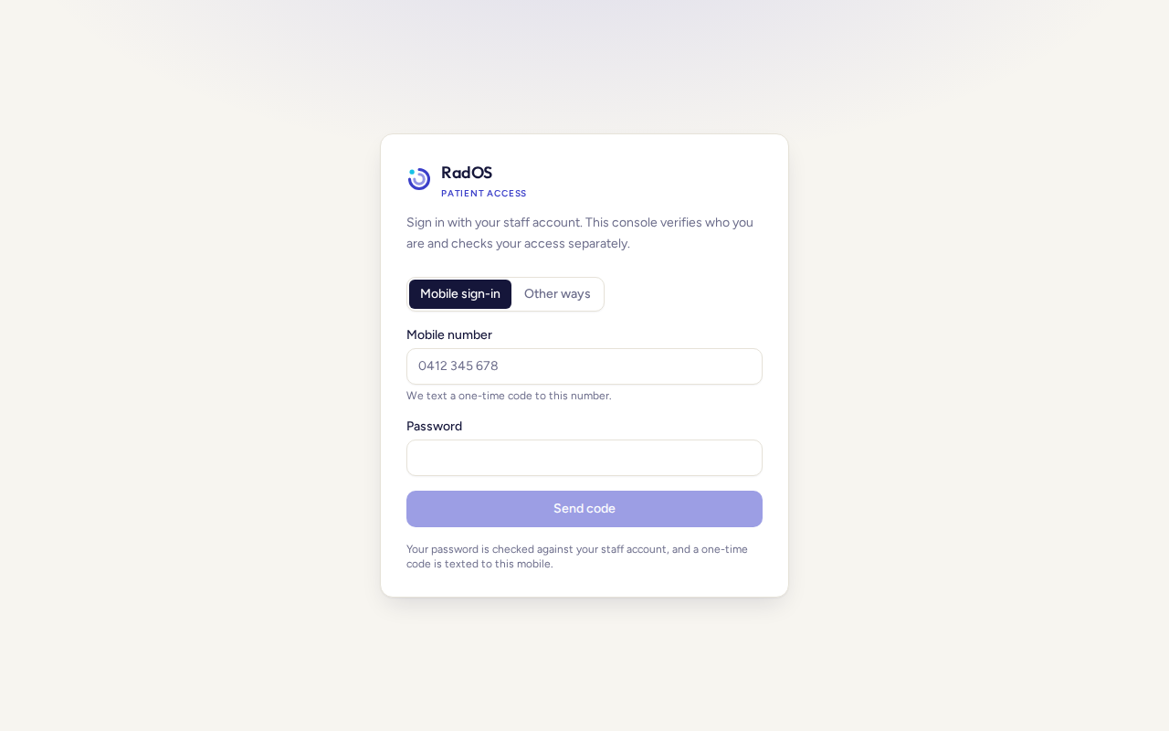 Staff console sign-in with Mobile sign-in selected and the mobile and password fields empty.