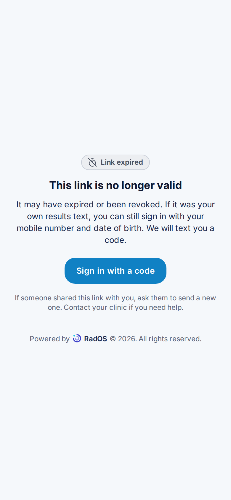Page saying this link is no longer valid, with a link to sign in with a code.