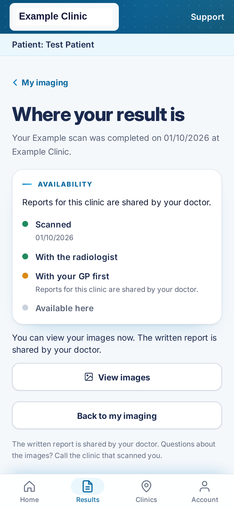 Held result for an example scan. The availability line says reports for this clinic are shared by your doctor, and images can be viewed now.