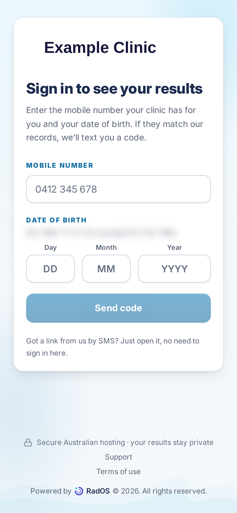 Patient sign-in for Example Clinic. Mobile number and date of birth fields are empty. The sample date in the hint is blurred. The button says Send code.
